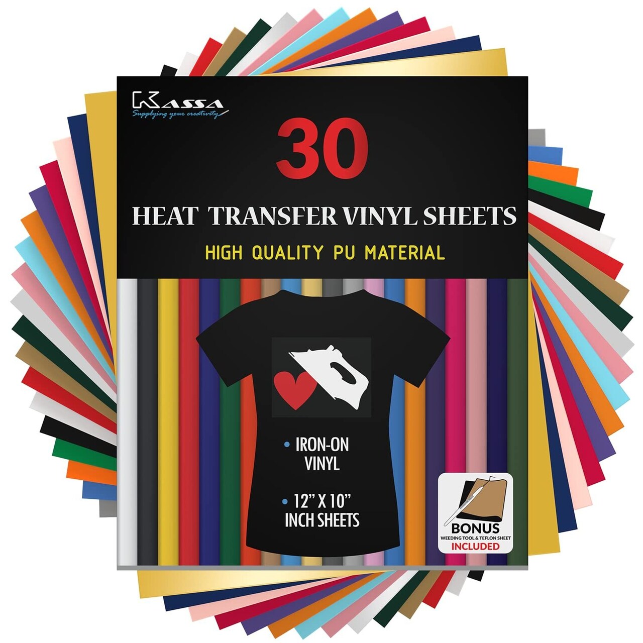 Kassa 30-Piece Heat Transfer Vinyl Sheets | 23 Colors in 12" x 10", Teflon Sheet & Weeding Tool Included | Compatible with All Cutting Machines | Ideal for Pressing on T-Shirts, Clothing & Textiles